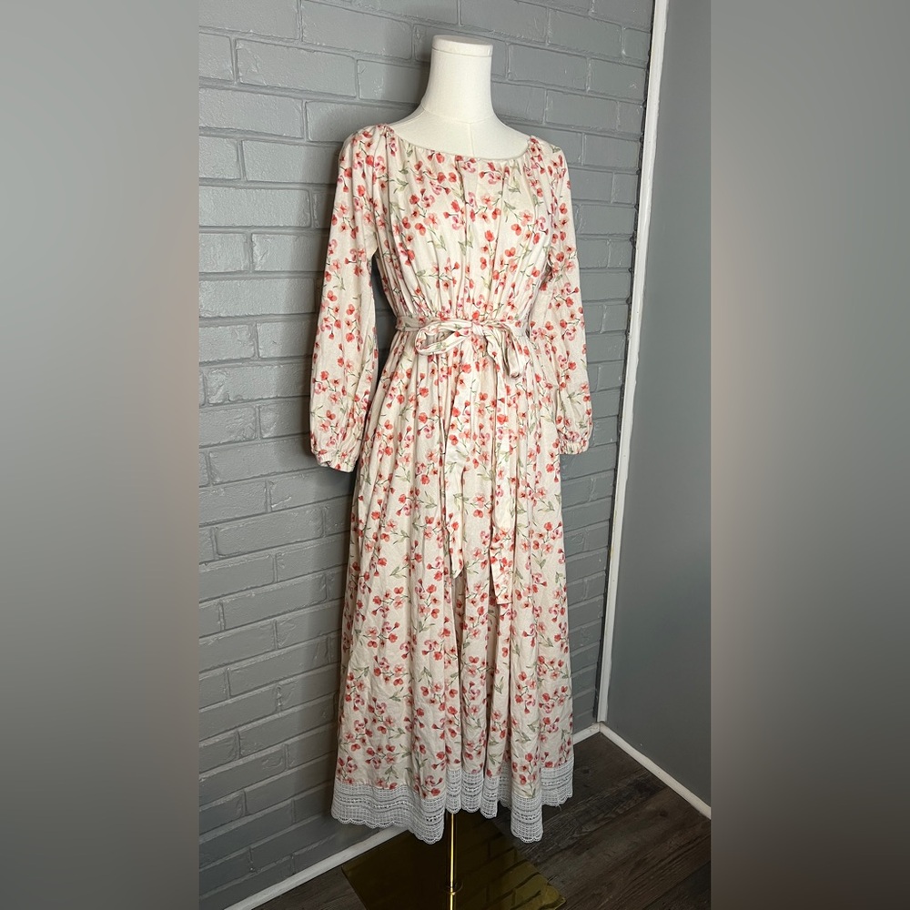 Linen Vibes Floral Tie-Waist Maxi Dress in Cream and Coral Lace Hem Size XS - Picture 3 of 13